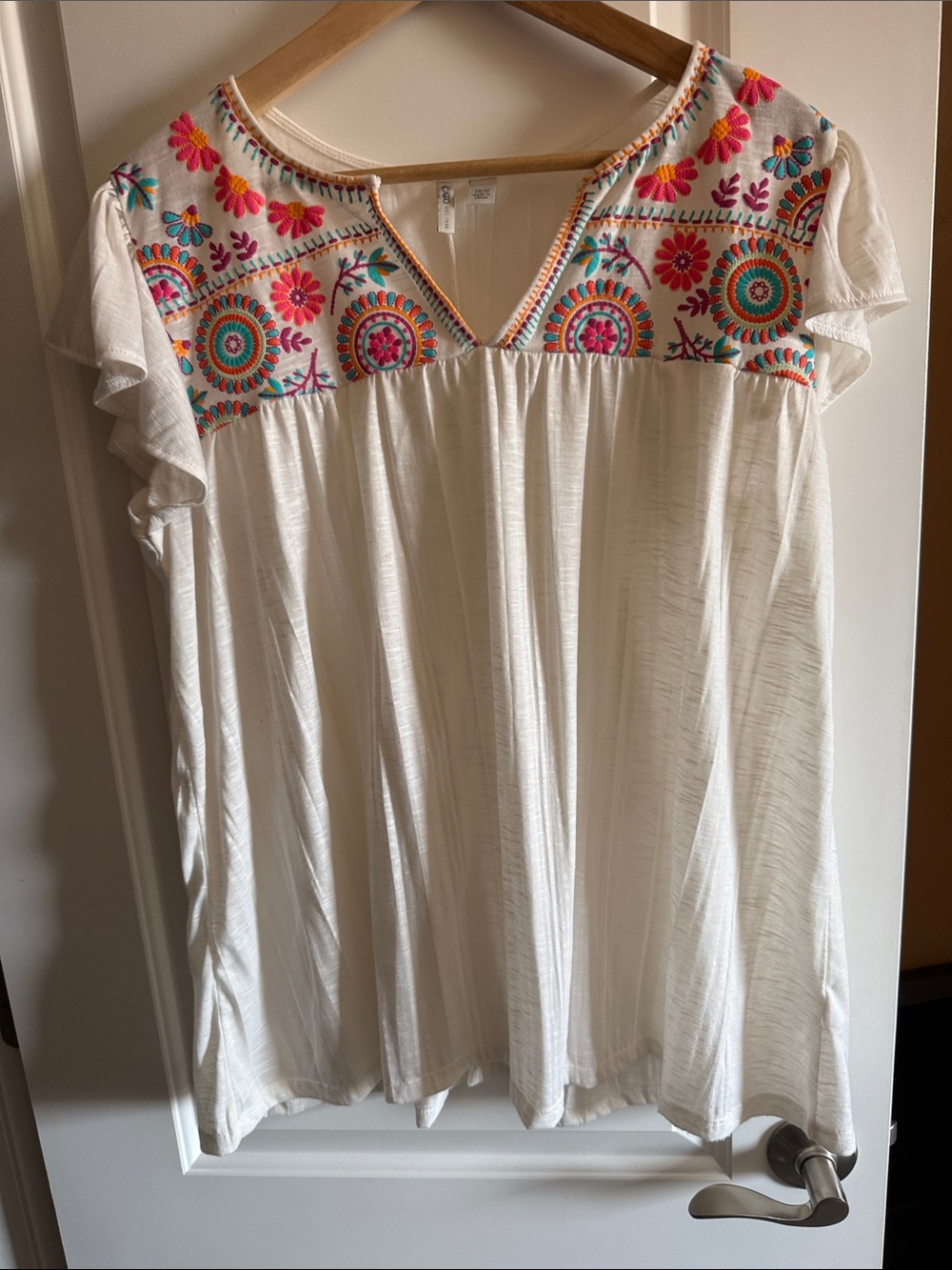 Cato White Embroidered Boho V-Neck Top with Multicolor Yoke